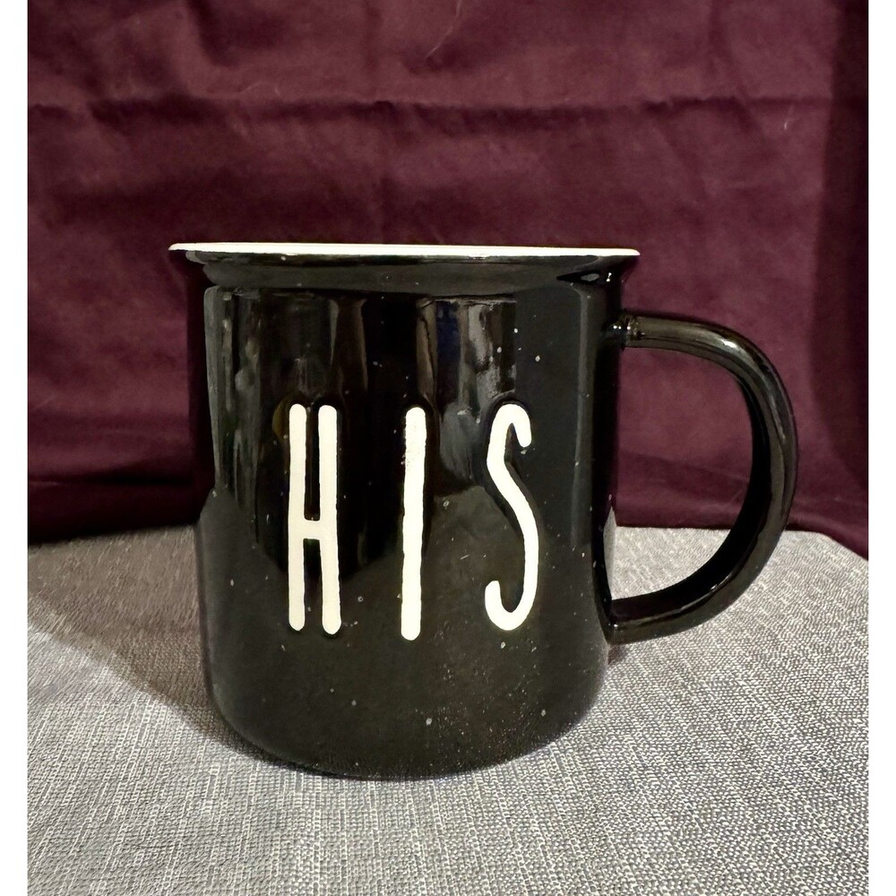 Mainevent brand "His" campfire-style coffee mug Black w/ White speckled pattern